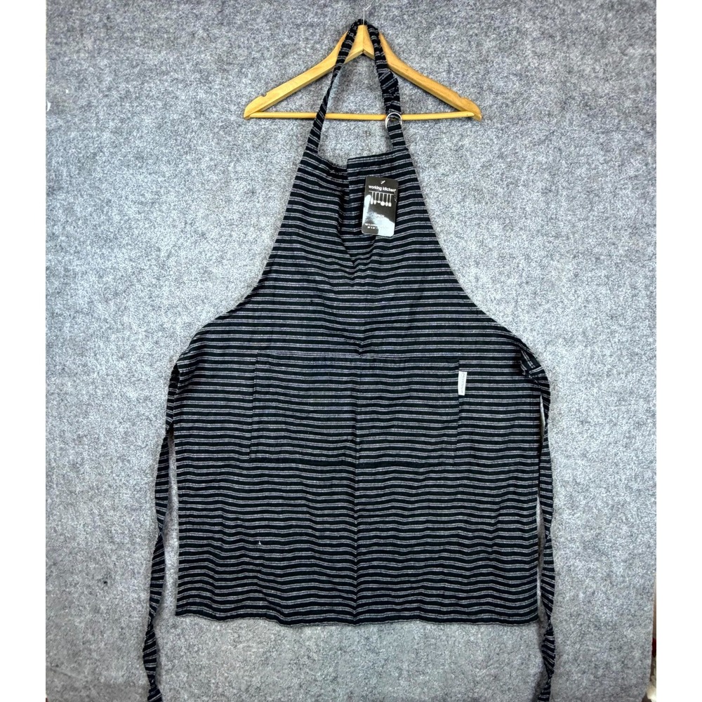 Working Kitchen Apron Unisex 28 x 36 Black White Cotton Striped Front Pocket